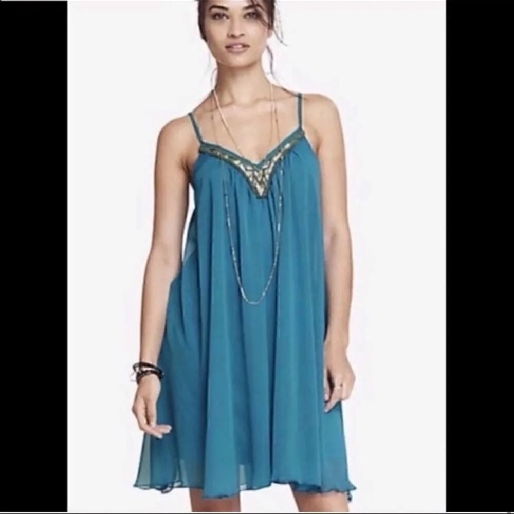 Express Babydoll Dress Womens Teal Blue Sequin Beaded V-Neck‎ Chiffon Small
